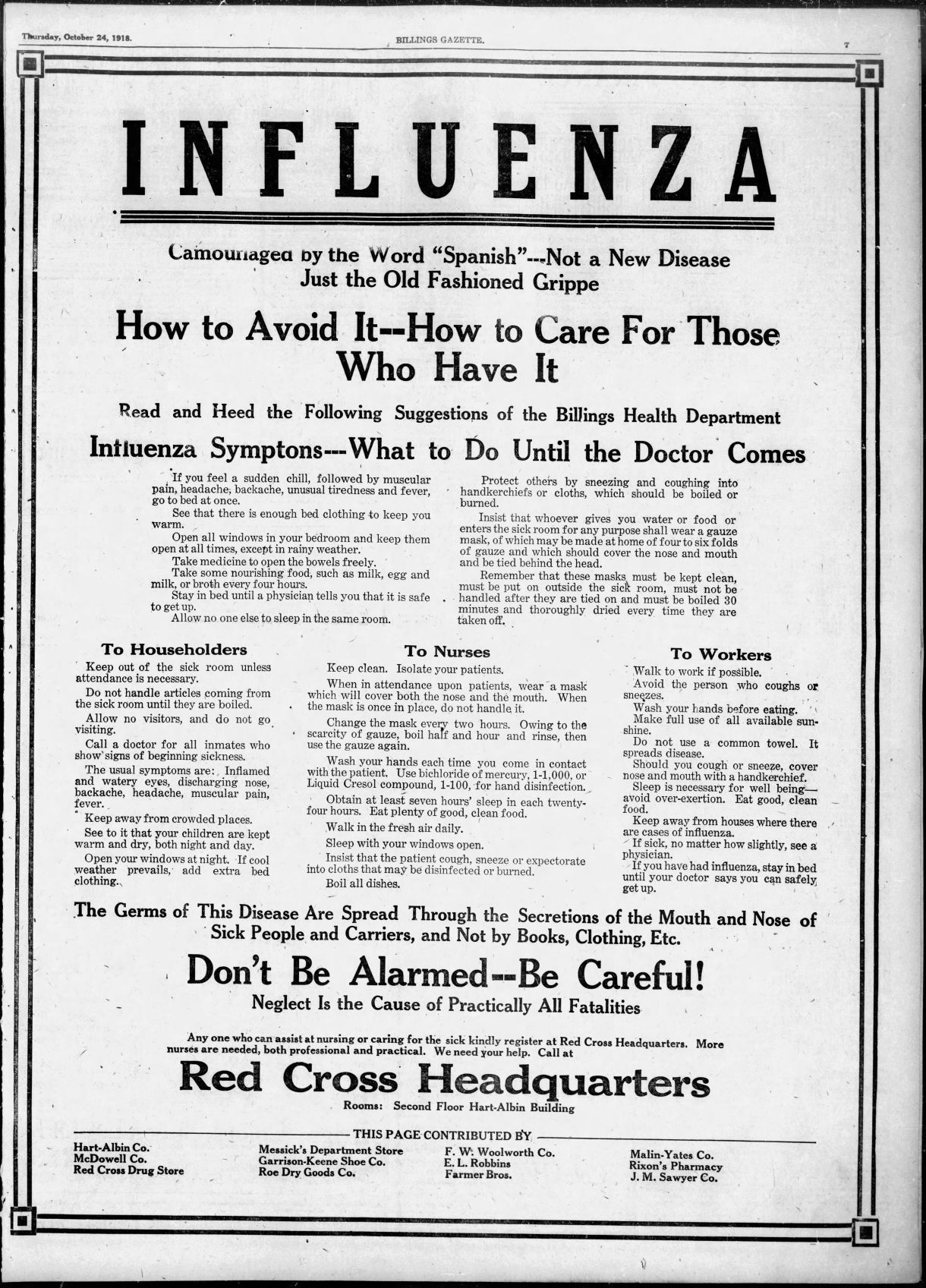 Influenza prevention and care tips, October 1918
